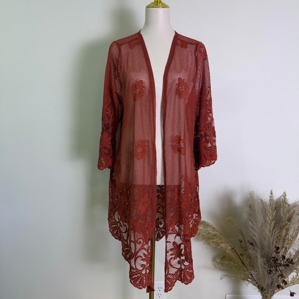 Daytrip Rust Floral Crochet Lace Open-Front Duster Kimono Cardigan Size L